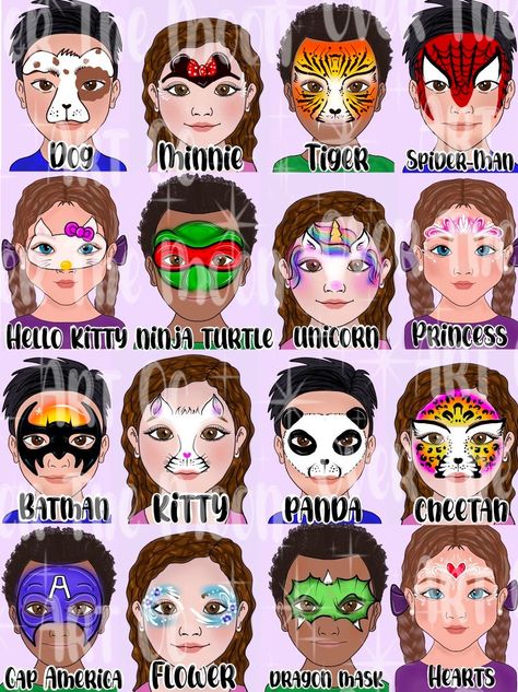 Face Painting Menu Board Digital Fast Faces Easy Face Painting Ideas - Etsy Face Paint Design Sheet, Face Paint Ideas Full Face, Face Painting Templates Free Printable, Full Face Face Paint, Face Painting With Stencils, Face Painting Stencils Printable, Face Paint Menu Board, Fast Easy Face Paint Designs, Face Painting Booth Ideas