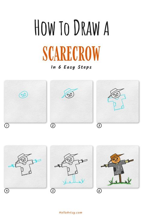 6 steps demonstrating how to draw an easy scarecrow drawing for kids. Scarecrow Drawing, Easy Halloween Drawings, Drawing Lesson, Bullet Journal Themes, Halloween Drawings, Journal Themes, Step Drawing, Learn How To Draw, Fall Holidays