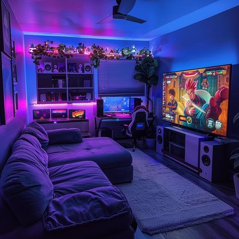 Which game room are you chilling in? 🎮 Gamer Family Room, Game Room Boy, Gaming And Book Room, Gamer Guest Room, House Game Room Ideas, Games Room Aesthetic, Cool Gaming Room Ideas, Game Room With Couch, Video Game Room Aesthetic