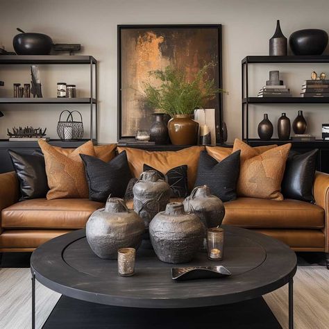 Leather Couches Living Room, Brown Living Room Decor, Leather Sofa Living Room, Black Living Room, Sofa Sets, Room Ambiance, Brown Living Room, Style Deco, Decor Home Living Room