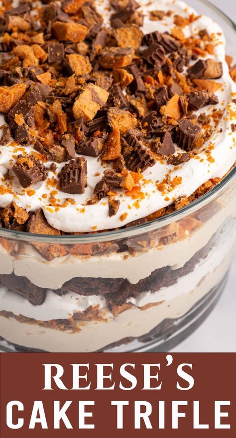 Triffle Desserts Halloween, Dessert Raffle Ideas, Reese Trifle Desserts, Butterfinger Trifle Desserts, Best Trifle Desserts, Reese’s Trifle, Snickers Trifle Recipe, Pound Cake Trifle Desserts, Triffle Desserts Birthday