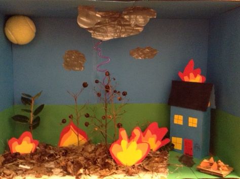 Wild Fire Diorama for Science Project Natural Disasters Art, Teachers Illustration, Fire Crafts, Fire Kids, Math Patterns, Model School, Wild Fire, Stem For Kids, Project Board