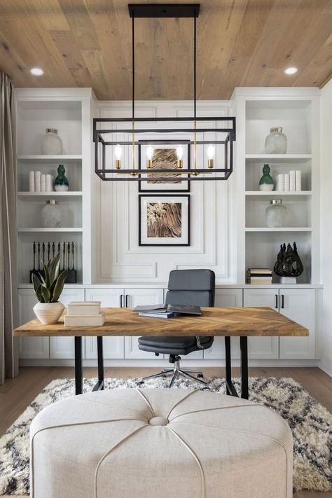 Home Office Guest Room Interior Design, Open Concept Office Home, Middle Of Room Desk Office Ideas, Long Room Office Layout, Office Back Wall Shelf Design, Home Office With White Built Ins, Office Decor Modern Farmhouse, Dream Home Office Modern, House Study Room Ideas