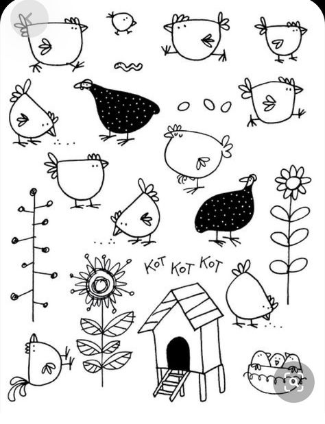 Doodle Chicken Drawing, Chicken Doodles Cute, Hen Doodle, Chicken Drawing Illustration, Chicken Doodles, Cute Animal Doodles, Cute Chicken Drawing, Chicken Sketch, Bird Doodles