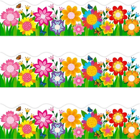 Printed Flowers Design, Bulletin Board Design Ideas Classroom Decor, Spring Border For Bulletin Board, Flowers Classroom Decorations, Flowers For Classroom Decoration, Bulletin Border Design, Window Spring Decoration, Classroom Decoration For Kids, Welcome Design For Classroom