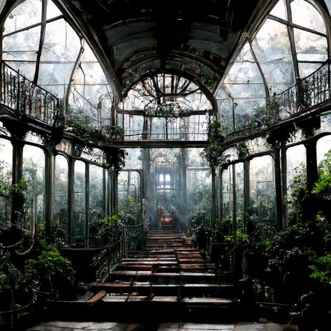 prompthunt: interior of **Christal palace 19th century greenhouse glasshouse art noveau architecture with iron winding stairs and exotic trees and flowers overgrown and abandoned haunted spooky lights floating and shadows dancing 19th Century Greenhouse, Goth Architecture Interior, Abandoned Greenhouse Aesthetic, Art Nouveau Greenhouse, Creepy Greenhouse, Art Noveau Interiors, Witchy Architecture, Overgrown Manor, Greenhouse At Night