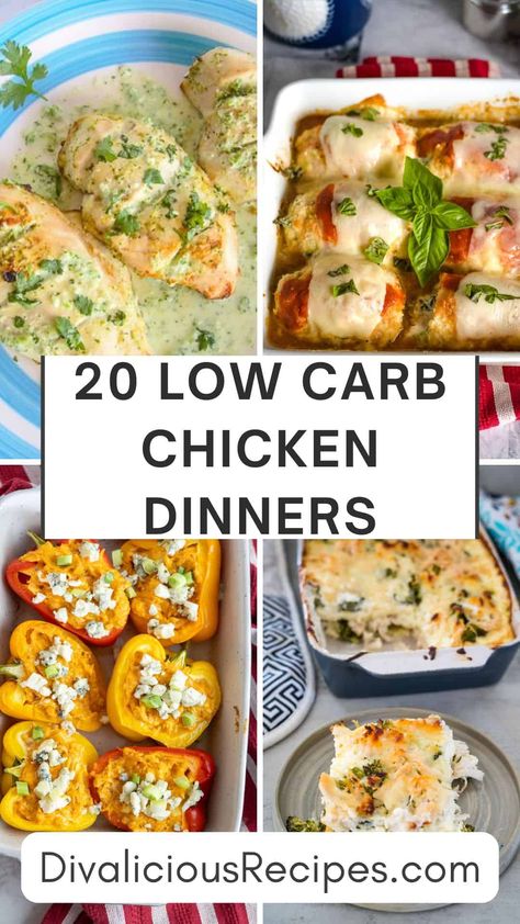 20 Low Carb Chicken Dinners Low Carb Chicken Dishes, Healthy Low Carb Chicken Recipes, No Carb Chicken Dinner, Low Carb Weeknight Dinners, Healthy Chicken Dinner Ideas Low Carb, Healthy Chicken Recipes Low Carb, Low Carb Recipes With Chicken, Chicken Breast Low Carb Recipes, Low Carb Chicken Meals