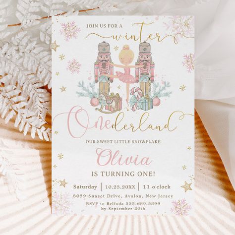 $3.09 | The Nutcracker Winter Onederland 1st Birthday | Birthday Invitations | winter onederland wonderland, 1st birthday party turning one, the nutcracker 1st birthday party, clara and the nutcracker ballet, sweet pastel soft delicate, blush pink gold glitter snowflakes, christmas first birthday party, presents candy cane rocking horse, whimsical, chic cute sweet girly holidays Nutcracker Theme First Birthday, 1st Birthday In December, Winter Onederland Party Invitations, 1st Birthday Christmas Theme Girl, New Years First Birthday Party, One Year Old Birthday Party Girl Winter, Winteroneder Land Theme Party, December 1st Birthday Party Girl, First Birthday Girl Winter