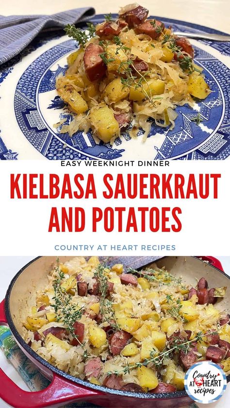 Kielbasa Sauerkraut and Potatoes is an easy one-dish recipe to make for your family as a weeknight dinner. Flavored with onion, garlic, thyme, and sage, it’s quite satisfying. Be sure to add this one to your favorite German or Polish recipes. #kielbasasauerkrautandpotatoes #maindishes #weeknightdinners #kielbasa #sauerkraut #kielbasakapusta #german #polish #countryatheartrecipes https://countryatheartrecipes.com/2022/09/kielbasa-sauerkraut-and-potatoes/ Kielbasa Sauerkraut And Potatoes, Saurkraut And Kielbasa, Kielbasa Sauerkraut, Sauerkraut And Potatoes, Cast Iron Skillet Recipes Dinner, Kielbasa And Potatoes, Polish Dishes, Sausage Sauerkraut, Pork Sausage Recipes