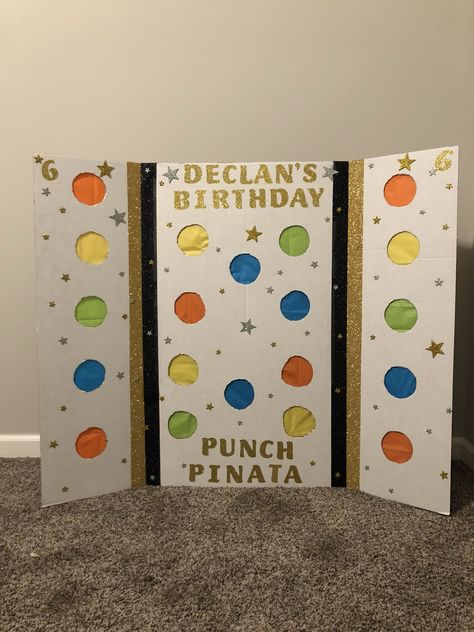 We love to make our own punch piñatas for birthday parties.  So so easy! Pinata Punch Board, Easy Crafts For Birthday Parties, Activities For Indoor Birthday Party, 2nd Birthday Party Games Indoor, 2nd Birthday Games Activities, Punch Pinata Diy, Preschool Party Activities, Indoor Pinata Ideas, 1st Bday Party Games