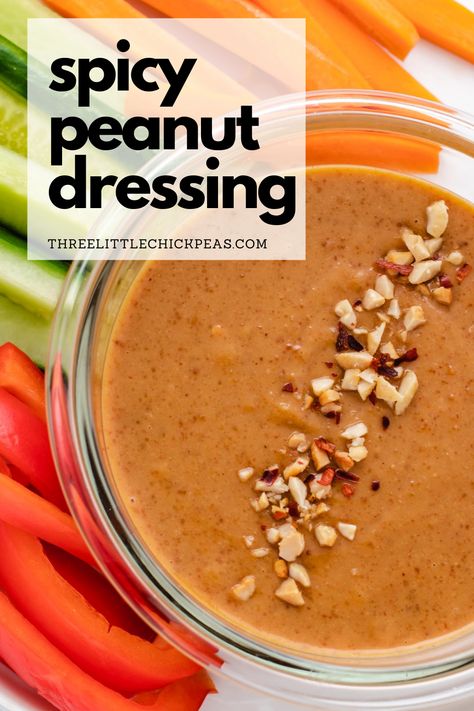 This made from scratch spicy peanut dressing comes together in about 5 minutes. It’s creamy, savory from the tamari, tangy from the lime juice, sweet from the maple syrup, and a little kick from the crushed red pepper flakes. Spicy Peanut Dressing, Vegan Salad Dressing Recipes, Oil Free Salad Dressing, Vegan Appetizers Recipes, Peanut Salad, Oil Free Vegan Recipes, Vegan Salad Dressing, Peanut Sauce Recipe, Spicy Salad