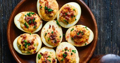 Traeger Smoked Deviled Eggs Recipe | Traeger Grills Football Game Appetizers, Smoked Deviled Eggs Recipe, Game Appetizers, Egg Smoker, Vegetable Cocktails, Smoked Eggs, Smoked Deviled Eggs, Bacon Chili, Smoked Recipes