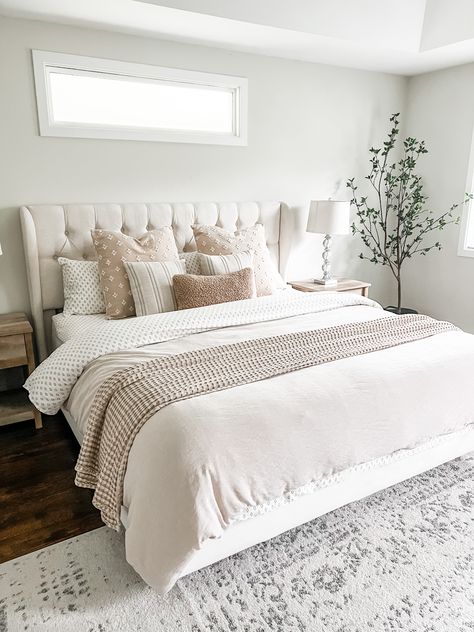 Bedroom Ideas Tufted Headboard, Ivory Headboard Bedroom Ideas, Ivory Headboard Bedroom, Cream Tufted Headboard Bedroom, Beige Tufted Headboard Bedroom Decor, Neutral Bedroom Beds & Bed Frames, Cream Tufted Bed, Neutral Headboard, Bedroom With Tufted Headboard