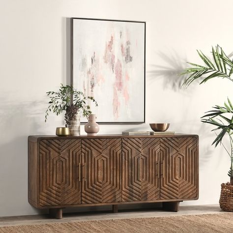 Holmes Four Door Mango Wood Sideboard in Brown by Kosas Home - 78Wx18Dx25H - Bed Bath & Beyond - 39505845 How To Decorate A Sideboard, Mango Wood Sideboard, Serve Ware, Buffets And Sideboards, Wood Buffet, Solid Wood Sideboard, Classic Home, Wood Sideboard, Decor Home Living Room