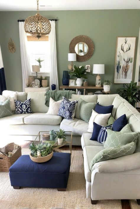 Green Gold And Blue Living Room, Navy Copper Sage Living Room, Navy Green And Tan Living Room, Green Country Cottage Living Room, Blue Green House Decor, Blue Gray And Green Living Room, Living Room Color Scheme Ideas Blue, Sage Green And Navy Blue Interior, Green Blue Living Room Ideas