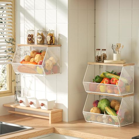 3 Pack Fruit Basket for Kitchen, Stackable Fruit Bowl for Potato and Onion Storage, Wall Mounted Wire Basket with Wood Lid for Fruit and Vegetable Storage, Hanging Pantry Storage Snack Organizer - Walmart.com Cute Food Storage, Kitchen Storage For Potatoes And Onions, Produce Baskets In Pantry, Fruit Kitchen Storage, Hanging Onion Basket, Fruit Rack Kitchen, Vegetable Counter Storage, Small Kitchen Fruit Storage, Counter Storage For Vegetables