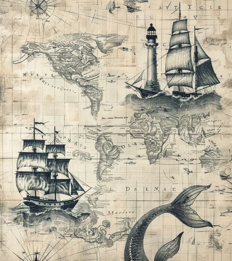 The image is a vintage-style map of the world. It is centered on the Americas, the North and South ->> more details in ai-img-gen.com World Map Illustration, Sejarah Kuno, Full Sail, Map Illustration, Map Of The World, Hero's Journey, North And South, Old Maps, Illustrated Map