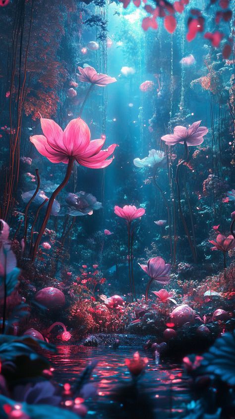 A mystical forest with gigantic floating flowers and ethereal creatures, bathed in soft moonlight, where time flows like liquid and dreams intertwine with reality. Ethereal Flowers, Ethereal Forest, Calming Pictures, Surreal Landscape, Mystical Forest, Floating Flowers, Another World, Surrealism, Float