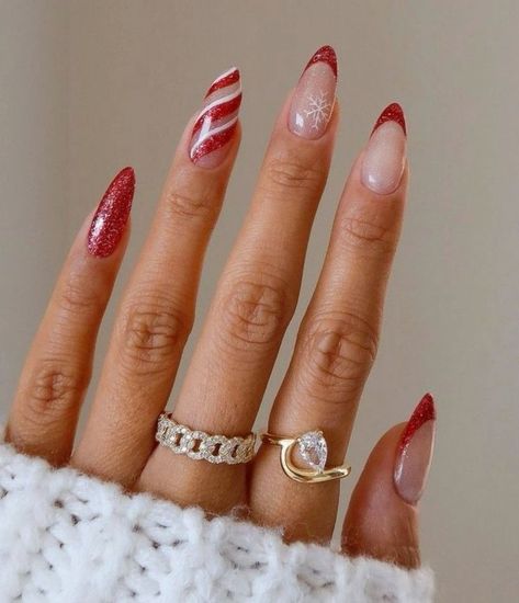 Christmas Nail Design Almond Shape, Christmas Nail Sets Almond, Christmas Acrylics Almond, Builder Gel Christmas Nails, Christmas Nail Inspo 2024, Funky Christmas Nails Acrylic, Almond Nail Christmas Designs, Christmas Red And Gold Nails, Almond Shape Nails Christmas