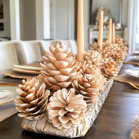 Decoration With Pine Cones, Christmas Decor With Pine Cones, Pine Cone Ideas Diy Crafts, Pine Cone Centerpiece Christmas, Pine Cone Table Decor, Table Decor With Pine Cones, Pinecone Centerpiece Ideas, Pine Cone Table Centerpiece, Bleached Pine Cones