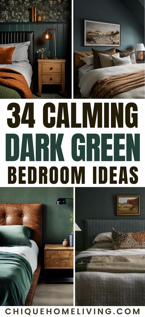 Transform your bedroom into a serene retreat with these 34 Calming Dark Green Bedroom Ideas! 🌿✨ Discover the tranquility of deep, lush hues, creating a cozy and sophisticated ambiance. From elegant minimalist designs to nature-inspired aesthetics, these ideas showcase the versatility of dark green. Elevate your bedroom with a touch of sophistication and bring the calming essence of nature indoors. Dive into the world of deep greens and let your bedroom be a haven of relaxation and style. Forest Green Master Bedrooms Decor, Dark Cozy Bedroom Ideas Accent Wall, Hunter Green Bedroom Decor, Dark Green Primary Bedroom, Emerald Green Color Scheme Bedroom, Green Bedroom Black Furniture, Green Wall Design Bedroom, Emerald Green Bedding Ideas, Small Dark Green Bedroom