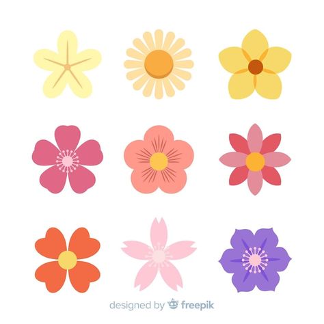 Free vector flat spring flower collectio... | Free Vector #Freepik #freevector Flower Flat Illustration, Realistic Cartoons, Japanese Bird, Grass Pattern, Flower Flat, Spring Flats, Kids Planner, Dark Green Background, Flower Collection