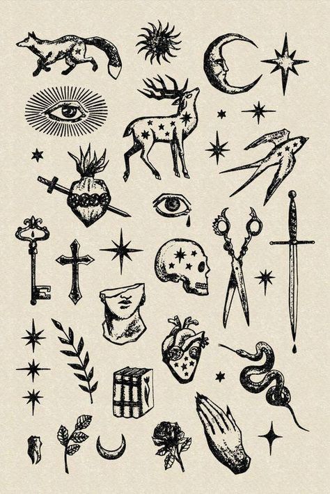 Mini Tattoo Ideas For Men, Ink Designs Drawing, Cool Flash Tattoo Designs, Maximalist Tattoo Ideas, Occult Flash Tattoo, Vintage Flower Tattoos, Mens Tattoo Flash, Tattoo Flash Art Men, Vintage Tatoos Ideas