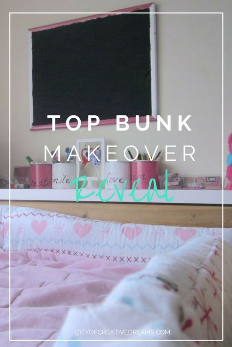 Top Bunk Makeover Reveal | City of Creative Dreams, bunk bed with desk, bunk bed for girls room, bunk bed diy, bunk bed ikea Metal Bunk Bed Makeover, Top Bunk Ideas, Bunk Bed Shelf Ideas, Bunk Bed Decorating Ideas Lights, Bunk Bed Ikea, Bunk Bed For Girls, Bunk Bed Makeover, Bunk Bed Diy, Bunk Bed Organization