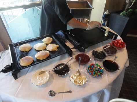 Made to order pancake station...so good! Pancake Station, Pancake Bar, Breakfast Station, November Christmas, Pancake Toppings, Party Styling, Breakfast Party, Brunch Buffet, Food Stations