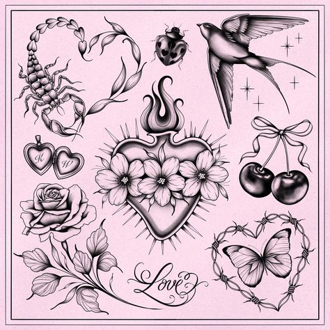 💘✨Valentines Flash✨💘 drop me a message if you would like to book in! - all feb availability will be up on my story ✨✨ #tattoodesigns #blackwork #dotwork #floraltattoo #valentines #sacredhearttattoo #butterflytattoo #flashtattoo #linework #lineworktattoo #kendalwebbink #kendalwebbinktattoo #herefordtattooist #herefordtattooartists Y2k Flash Tattoo, Valentine’s Day Flash, Girly Tattoo Flash, Girly Flash Tattoo, Chicano Tattoo Flash, Precious Moments Tattoos, 90s Flash Tattoo, Sacred Heart Tattoo Design, Valentines Flash