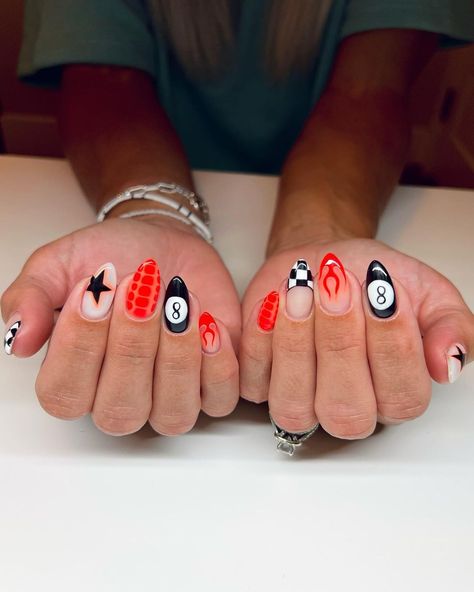 All Posts • Instagram Harley Davidson Nails Designs Art Ideas, Super Fun Nails, Nail Ideas Acrylic Western, Full Nail Art Designs, Fun Retro Nails, Aesthetic Gel X Nails, Funky Nails With Gems, Red White And Blue Aura Nails, Jessie Murph Nails