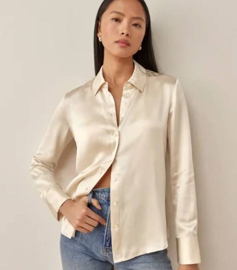 The 6 Best Tops to Wear With Trousers | Who What Wear UK High Rise Wide Leg Jeans, How To Look Rich, Long Jeans, Silk Skirt, Poplin Shirt, Silk Shirt, Silk Top, Wide Leg Jeans, Capsule Wardrobe