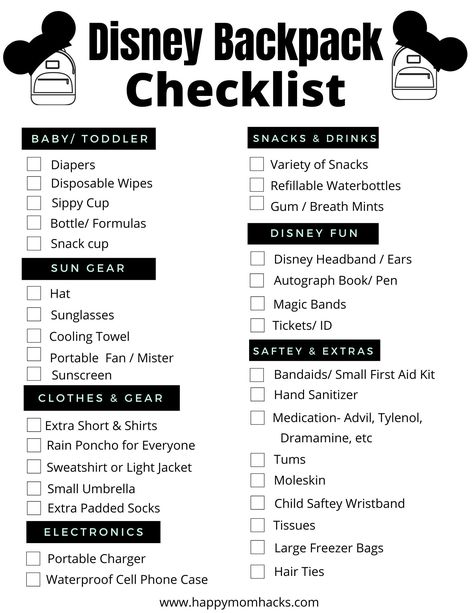 List Of Things To Bring To Disney, Disneyworld Checklist Packing Lists, Amusement Park Bag Checklist, Disney Day Pack List, Disney World Backpack List, Theme Park Checklist, Disney Trip Must Haves Packing Lists, Disney Weekend Trip Packing, Disney Road Trip Packing List