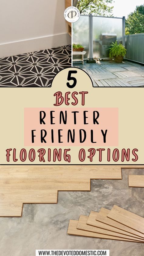 As a renter, you might want to cover up those old, stained floors. But is there a way to do it without causing any damage? ABSOLUTELY! Here are the 5 best renter friendly flooring options & temporary flooring for renters that'll beautify your apartment with ease! Temporary Floor Covering Ideas, Renter Friendly Tile Makeover, Renter Friendly Flooring, Temporary Flooring For Renters, Rental Property Remodel, Removable Flooring, Rental Friendly Upgrades, Renters Kitchen, Renters Diy