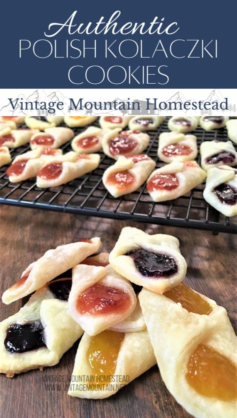 Polish Kolaczki Cookies ⋆ Vintage Mountain Homestead Kolaczki Cookies Recipe, Kolachy Cookies, Kolaczki Cookies, Kolaczki Recipe, Homemade Pastrami, Oatmeal Lace Cookies, Polish Cookies, Polish Dishes, Kolache Recipe