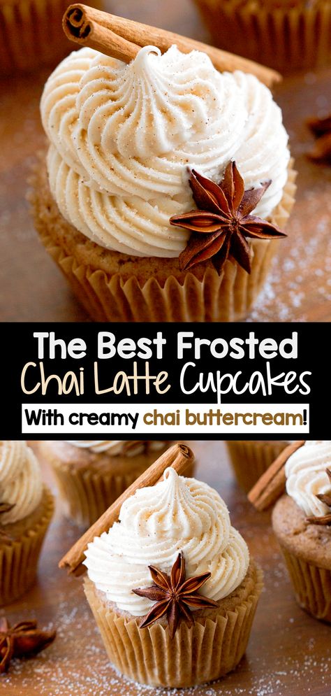 The Best Frosted Chai Cupcakes With Chai Latte Buttercream Frosting Nov Aesthetic, Chia Cupcakes, Chai Cupcake Recipe, Chai Tea Cupcakes, Chai Latte Cupcakes, Face Cupcakes, Chai Cupcakes, Sugar Free Cupcakes, Sweet Potato Cupcakes