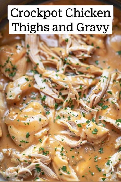 Enjoy the savory flavors of Crockpot Chicken Thighs & Gravy, effortlessly served over white rice. This simple, yet mouthwatering recipe transforms ordinary ingredients into a gourmet weeknight dinner. Perfect for busy families, it's a hearty meal that promises to comfort and satisfy. Pin this recipe for an easy, delicious solution to your dinner dilemmas. #CrockpotDinner #ChickenThighs #EasyMeals #FamilyDinner #ComfortFood Gravy Crockpot Chicken, Chic Thigh Recipes, Comfort Crockpot Recipes, 10 Hour Slow Cooker Recipes, Boneless Chicken Thigh Slow Cooker Recipes, Cream Of Chicken Crockpot Recipes, Crockpot Smothered Chicken Thighs, Crockpot Recipes With Chicken Thighs, Easy Chicken Thighs Crockpot