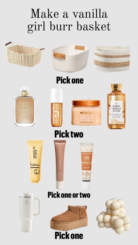 Make a vanilla girl burr basket🤍 Comment what you chose! Follow for follow #burrbasket #vanillagirlburrbasket #vanillagirl #comment #followforfollow #vibes ￼ Follow For Follow, Vanilla Girl, Vanilla Sugar, Body Skin Care Routine, Basket Ideas, Secret Santa Gifts, Body Skin, Pick One, Secret Santa