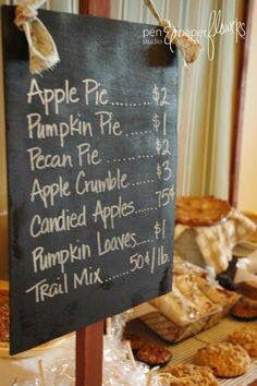 Idea  - sell fall theme baked goods in all alternative flours/ingredients Fall Bake Sale, Thanksgiving Desserts Pie, Farmers Market Stand, Farmers Market Booth, Farmers Market Display, Cake Stall, Market Stands, Pie Shop, Bakery Display