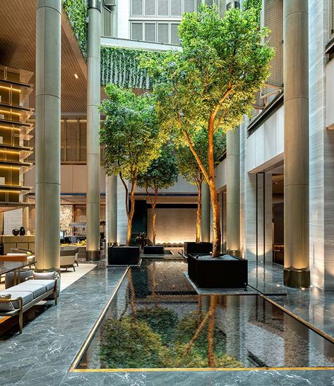 #architecture #interiordesign #interiors #sheraton #shenzhen #luxury #hotel #richlife #rich #design #green #rich Rooftop Amenities, Feature Tree, Column Cladding, Hotel Landscape, Kolam Koi, Hotel Hospitality, Taman Air, Hotel Lobby Design, Hotel Architecture