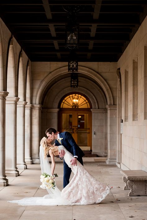 bride and groom dip at washington university for a winter wedding at graham chapel by ashley fisher photography Indoor Wedding Poses, Bride Groom Photoshoot Poses, Wedding Day Photos Must Have Bride And Groom, Wedding Dip Photos, Indoor Wedding Ceremony Photography, Indoor Wedding Photoshoot, Bride And Groom Dip Photo, Groom Dipping Bride, Wedding Winter Photography