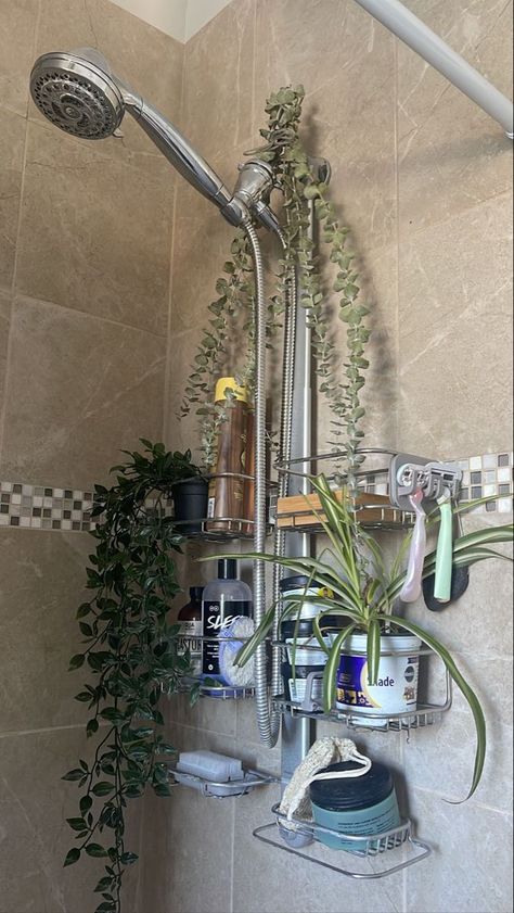 Flowers In The Shower Bathroom, Dream Apartment Aesthetic Bathroom, Bathroom Aethestic, Plants Shower Bathroom, Plant Shower Aesthetic, Granola Bathroom, Warm Apartment Aesthetic Bathroom, Small Shower Decor, Bathroom Eucalyptus Decor