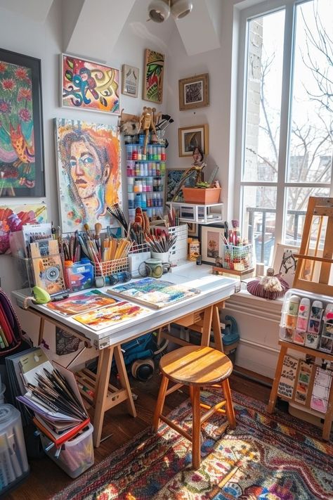 Artistic Decor Interior Design, Room Decor Ideas For Artist, Home Art Office, Vintage Art Room Aesthetic, Home Office And Art Studio Combo, Art And Craft Studio Ideas, Home Art Room Ideas, Drafting Table Aesthetic, Craft Table Aesthetic