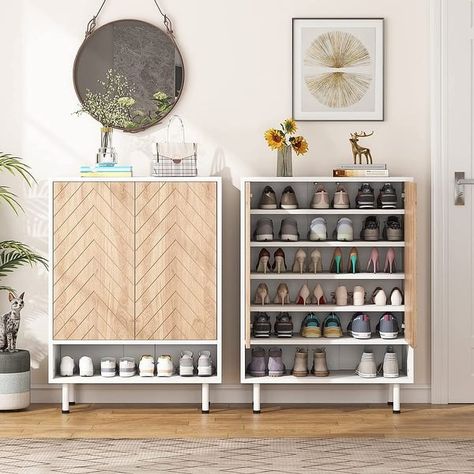 Hide Clutter, Rustic Wood Doors, Shoe Rack Organizer, Organizer Cabinet, Shoe Rack Entryway, Entryway Shoe Storage, Entryway Shoe, Shoe Rack Organization, Storage Cabinet Shelves