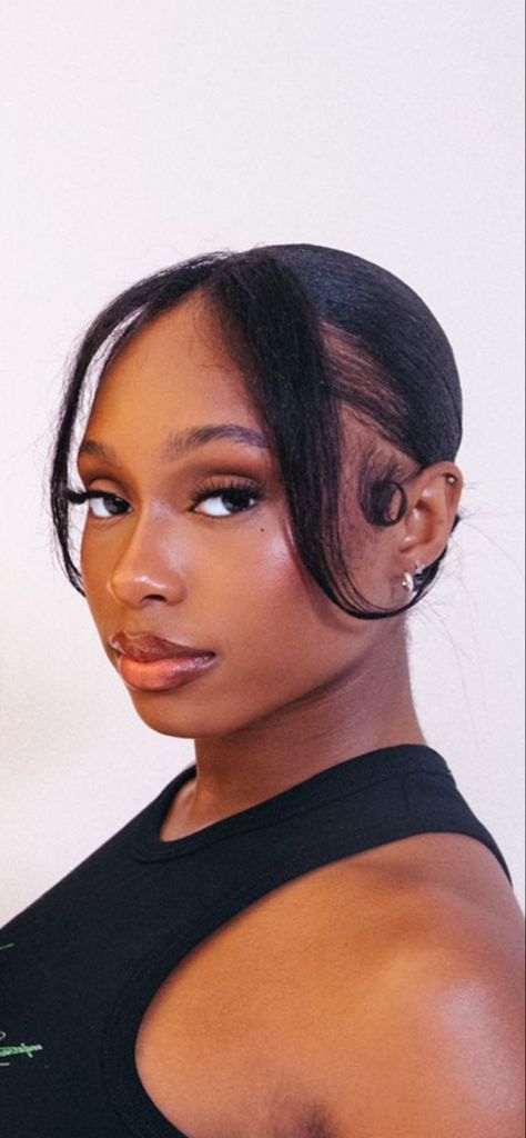 Hairstyles For Big Foreheads Black Women, Everyday Hairstyles For Natural Hair, Relaxed Hair Bun Hairstyles, Sleek Bun With Bangs Black Women, Sleek Back Bun 4c Hair, Curtain Bangs On Relaxed Hair, Chic Natural Hairstyles For Black Women, Low Bun And Bangs, 4c Sleek Bun