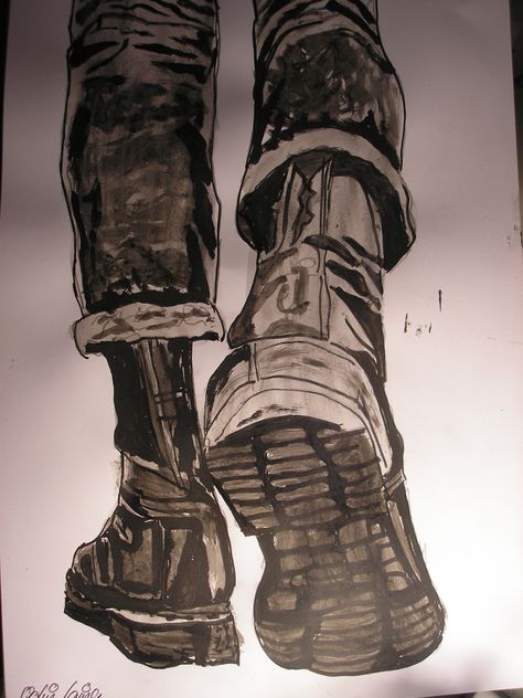 Cool Boots Drawing, Shoes Walking Reference, Combat Boots Drawing Reference, How To Draw Cartoon Shoes, Combat Boot Drawing Reference, Boots Art Reference, Boots Perspective, Boots Facing Forward Drawing, Shoes Walking Drawing