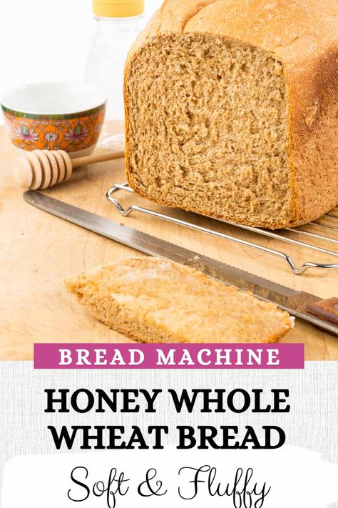 This recipe for Bread Machine Honey Wheat Bread makes a light, fluffy and flavorful 1.5 pound loaf using the whole wheat setting. It can be baked in the bread maker or in the oven. Use it for deli-style sandwiches, toast, grilled cheese and more! via @Tastyovenlovin Honey Wheat Bread Recipe For Bread Machine, Bread Machine Recipes Wheat, Bread Machine Honey Whole Wheat Bread Recipe, Bread Machine Wheat Sandwich Bread, Light And Fluffy Whole Wheat Bread, Whole Wheat Bread Maker Recipes Easy, Bread Machine Recipes Sandwich, Bread Machine Recipes Easy Wheat, Flavorful Bread Machine Recipes