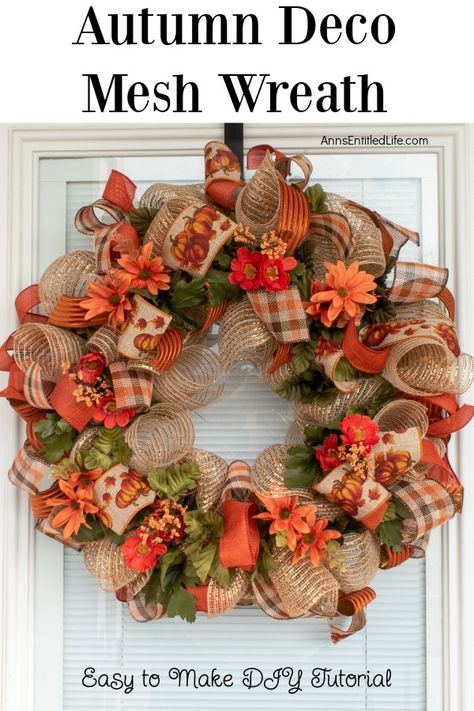 Autumn Deco Mesh Wreath | Easy to Make DIY Tutorial. With this simple DIY tutorial, you can create a stunning autumn deco mesh wreath. It's perfect for adding a festive touch to your home decor this fall season. Thanksgiving Wreath Deco Mesh, How To Make A Mesh And Ribbon Wreath, Fall Wreaths With Burlap, Wire Wreath Diy Deco Mesh, Mesh Turkey Wreath Diy, Wreaths Made With Mesh, Autumn Grapevine Wreath Ideas, Burlap Mesh Wreaths Diy, Diy Vine Wreath How To Make