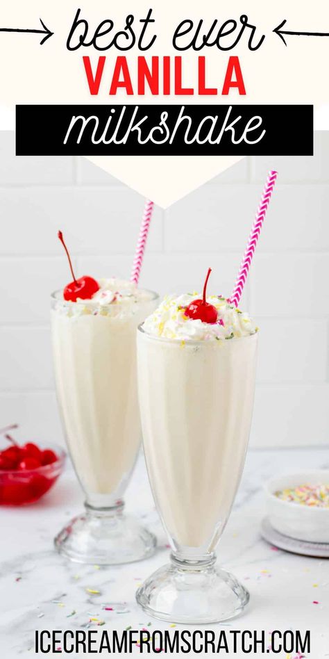 This homemade vanilla milkshake recipe is sweet, simple, creamy, and perfect, made with just three ingredients, and ready in 5 minutes. How To Make A Good Milkshake, Homemade Vanilla Milkshake Recipe, Vanilla Ice Cream Milkshake Recipes, Milkshake Recipe Easy Vanilla, How Do You Make A Milkshake, Mcdonalds Milkshake Recipe, Best Vanilla Milkshake Recipe, How To Make Homemade Milkshakes, Milkshakes And Smoothies