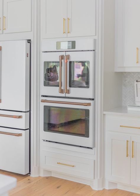 Kitchen With Panel Ready Refrigerator, Ge Monogram Kitchen, Gold Kitchen Appliances, Ge Kitchen Appliances, Kitchen Appliance Trends, Ge Cafe Appliances, Cafe Appliances, Kitchen Appliance Set, White Kitchen Appliances